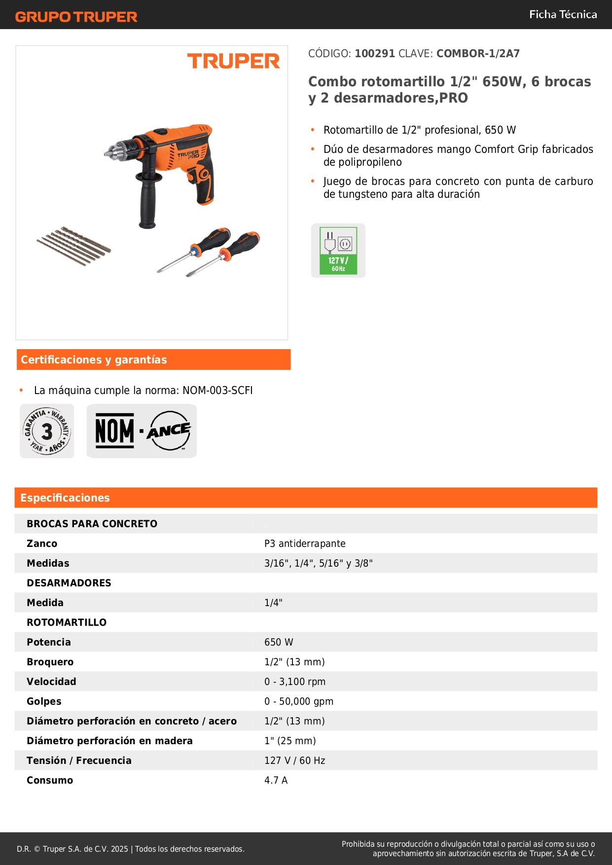 Combo Rotomartillo Profesional 1/2" 650W TRUPER con 6 Brocas Carburo Tungsteno y 2 Desarmadores - Kit Completo para Perforación en Concreto y Mampostería