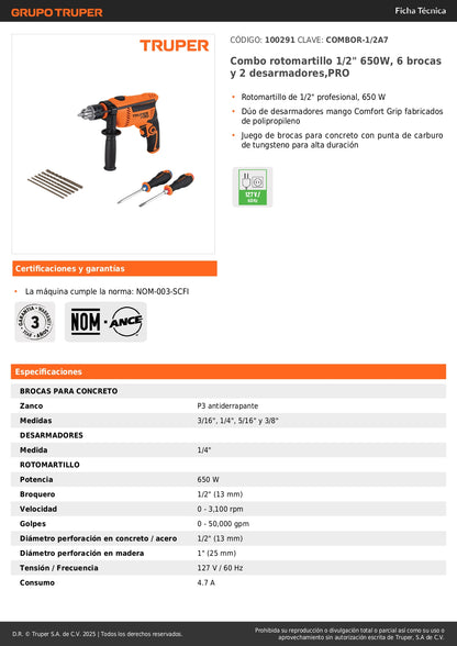 Combo Rotomartillo Profesional 1/2" 650W TRUPER con 6 Brocas Carburo Tungsteno y 2 Desarmadores - Kit Completo para Perforación en Concreto y Mampostería