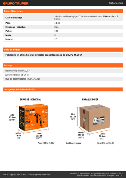 Combo Rotomartillo Profesional 1/2" 650W TRUPER con 6 Brocas Carburo Tungsteno y 2 Desarmadores - Kit Completo para Perforación en Concreto y Mampostería