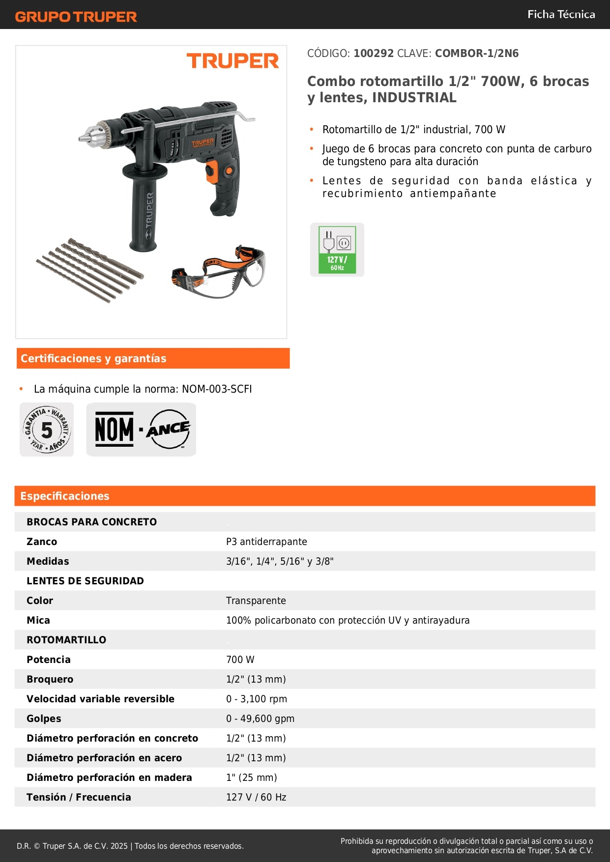 Combo Rotomartillo Industrial 1/2" 700W + 6 Brocas Carburo Tungsteno + Lentes Seguridad - Perforación Profesional Concreto y Mampostería - COMBOR-1/2N6