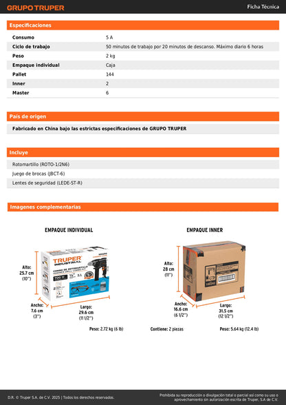 Combo Rotomartillo Industrial 1/2" 700W + 6 Brocas Carburo Tungsteno + Lentes Seguridad - Perforación Profesional Concreto y Mampostería - COMBOR-1/2N6