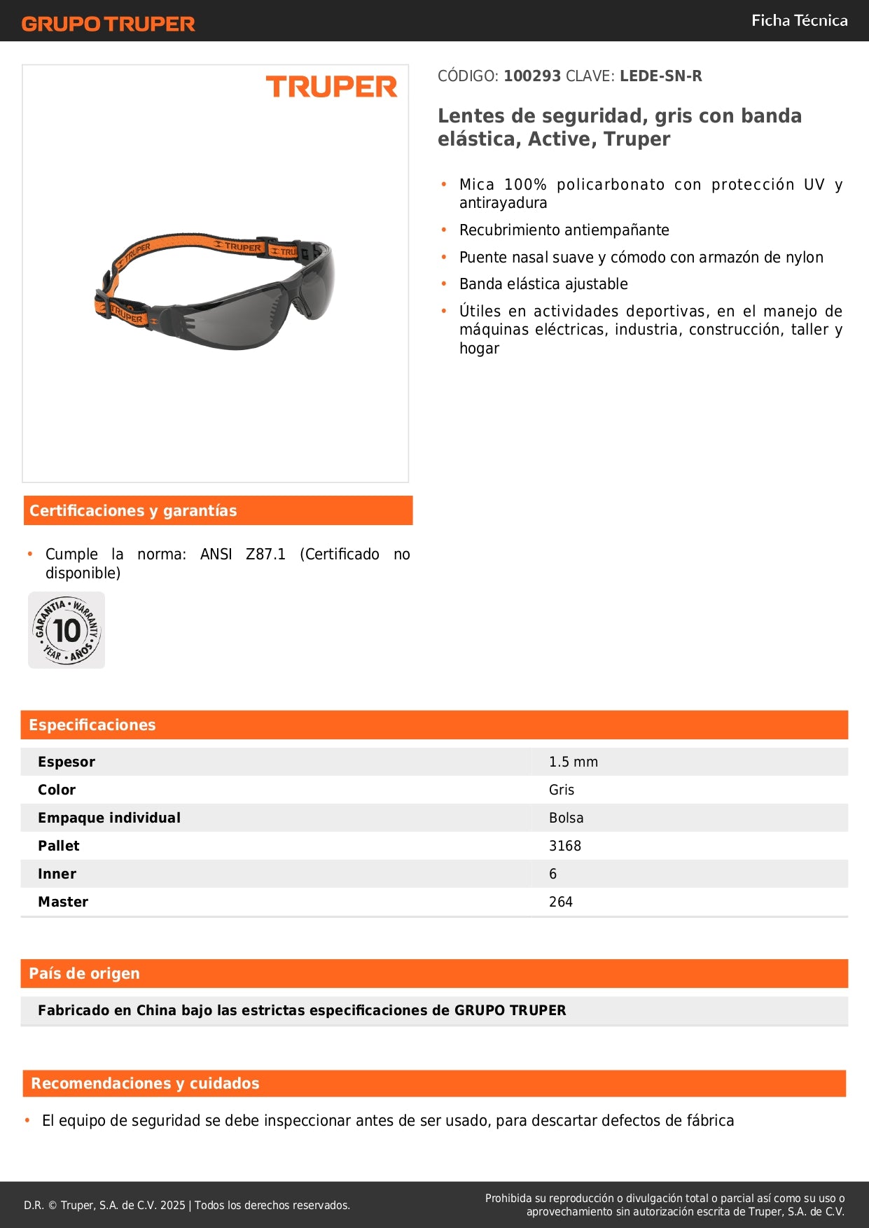 Lentes de Seguridad Industriales Truper Active LEDE-SN-R - Protección UV Antiempañante con Banda Elástica para Construcción, Taller e Industria - Mica Policarbonato Antirayadura Gris