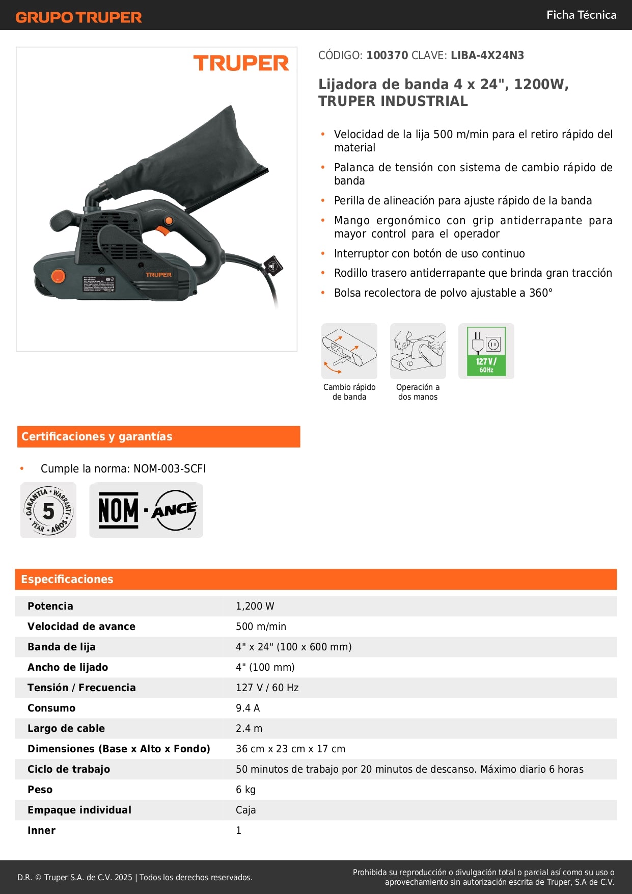 Lijadora de Banda 4x24 Pulgadas 1200W TRUPER Industrial - Remoción Rápida de Material con Sistema Cambio Rápido - LIBA-4X24N3