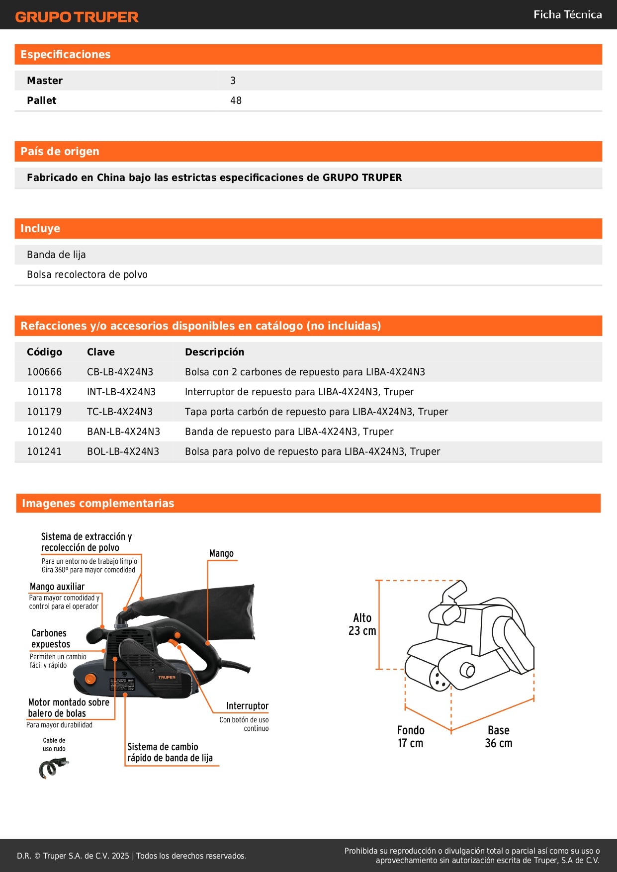 Lijadora de Banda 4x24 Pulgadas 1200W TRUPER Industrial - Remoción Rápida de Material con Sistema Cambio Rápido - LIBA-4X24N3