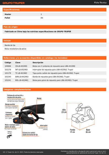 Lijadora de Banda 4x24 Pulgadas 1200W TRUPER Industrial - Remoción Rápida de Material con Sistema Cambio Rápido - LIBA-4X24N3