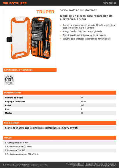 Juego 77 Piezas Reparación Electrónica Truper - Kit Profesional Dispositivos Inteligentes con Puntas Cromo Vanadio