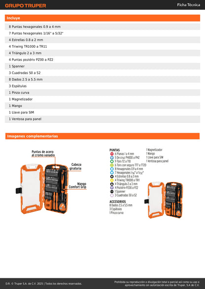 Juego 77 Piezas Reparación Electrónica Truper - Kit Profesional Dispositivos Inteligentes con Puntas Cromo Vanadio
