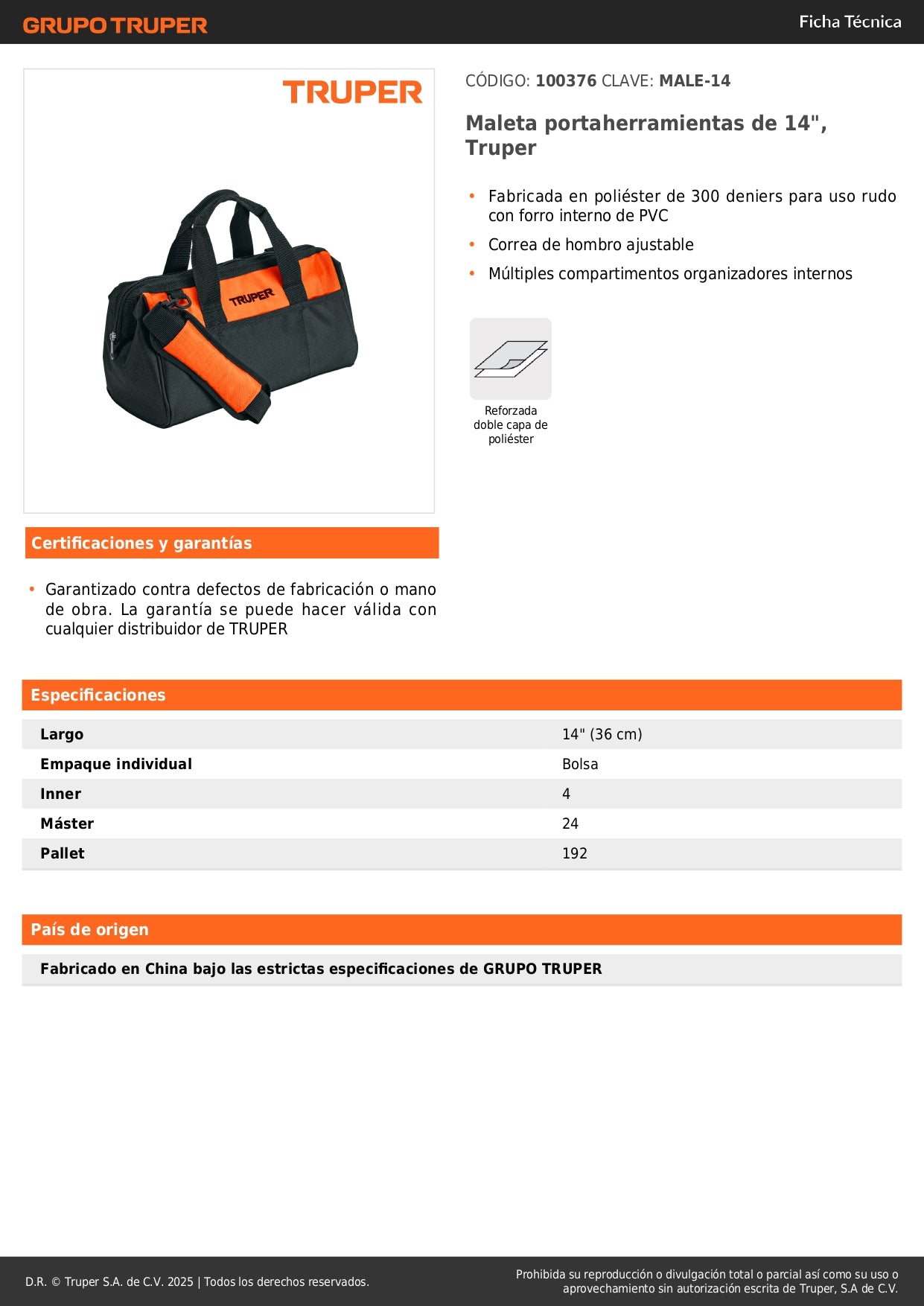 Maleta Portaherramientas Profesional 14 Pulgadas TRUPER MALE-14 - Organiza y Transporta Herramientas con Múltiples Compartimentos