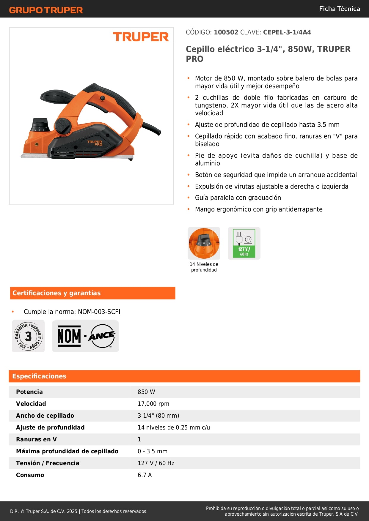 Cepillo Eléctrico TRUPER 3-1/4" 850W CEPEL-3-1/4A4 - Cepillado Profesional de Madera con Cuchillas de Carburo de Tungsteno para Carpintería y Acabados Finos