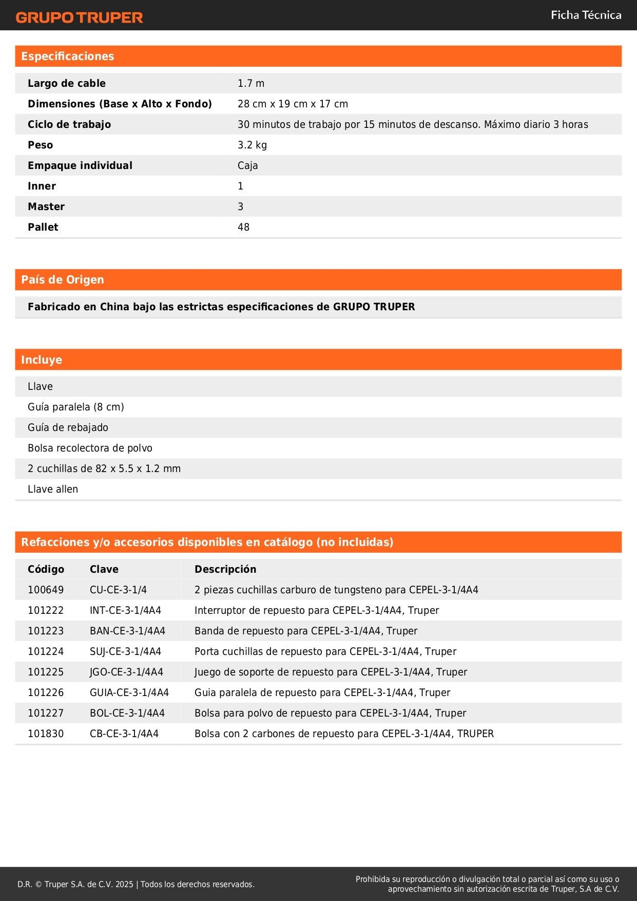 Cepillo Eléctrico TRUPER 3-1/4" 850W CEPEL-3-1/4A4 - Cepillado Profesional de Madera con Cuchillas de Carburo de Tungsteno para Carpintería y Acabados Finos