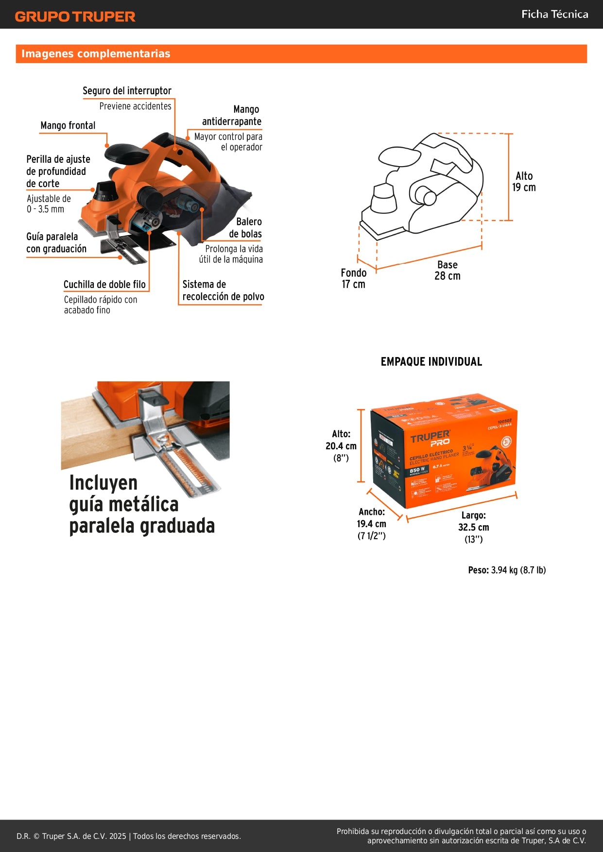 Cepillo Eléctrico TRUPER 3-1/4" 850W CEPEL-3-1/4A4 - Cepillado Profesional de Madera con Cuchillas de Carburo de Tungsteno para Carpintería y Acabados Finos