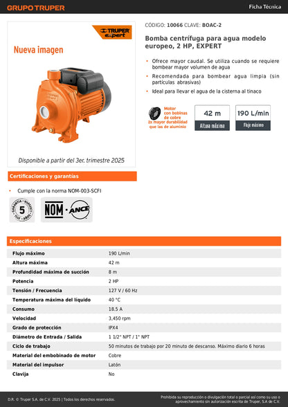 Bomba Centrífuga 2HP EXPERT BOAC-2 - Modelo Europeo Alto Caudal para Cisterna a Tinaco - Agua Limpia