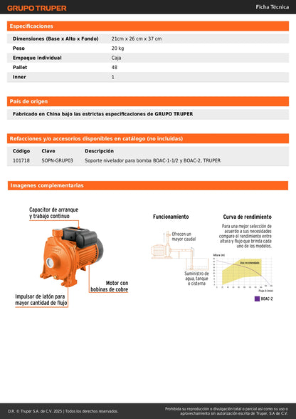 Bomba Centrífuga 2HP EXPERT BOAC-2 - Modelo Europeo Alto Caudal para Cisterna a Tinaco - Agua Limpia