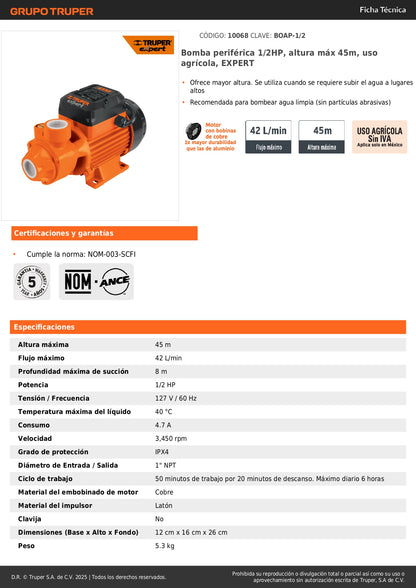 Bomba Periférica EXPERT 1/2HP 45m Altura Máxima - Bombeo Agua Limpia Uso Agrícola BOAP-1/2
