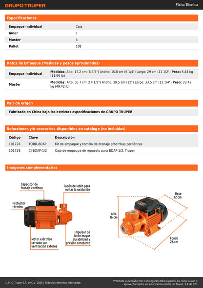 Bomba Periférica EXPERT 1/2HP 45m Altura Máxima - Bombeo Agua Limpia Uso Agrícola BOAP-1/2