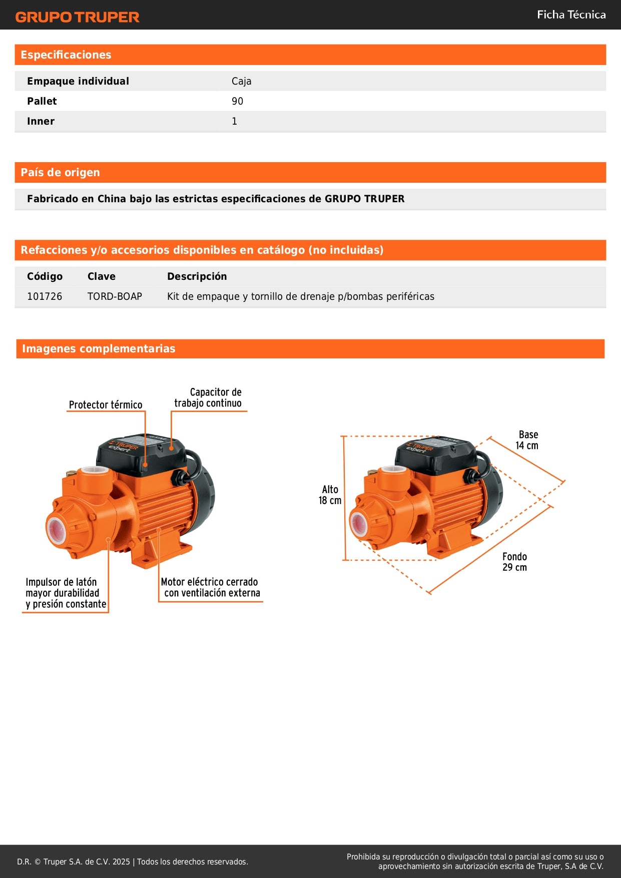 Bomba Periférica EXPERT 3/4HP BOAP-3/4 - Altura Máxima 65m para Agua Limpia - Solución Profesional Bombeo Agrícola