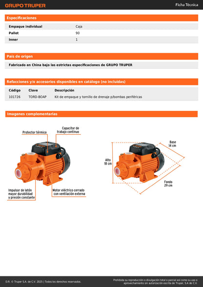 Bomba Periférica EXPERT 3/4HP BOAP-3/4 - Altura Máxima 65m para Agua Limpia - Solución Profesional Bombeo Agrícola