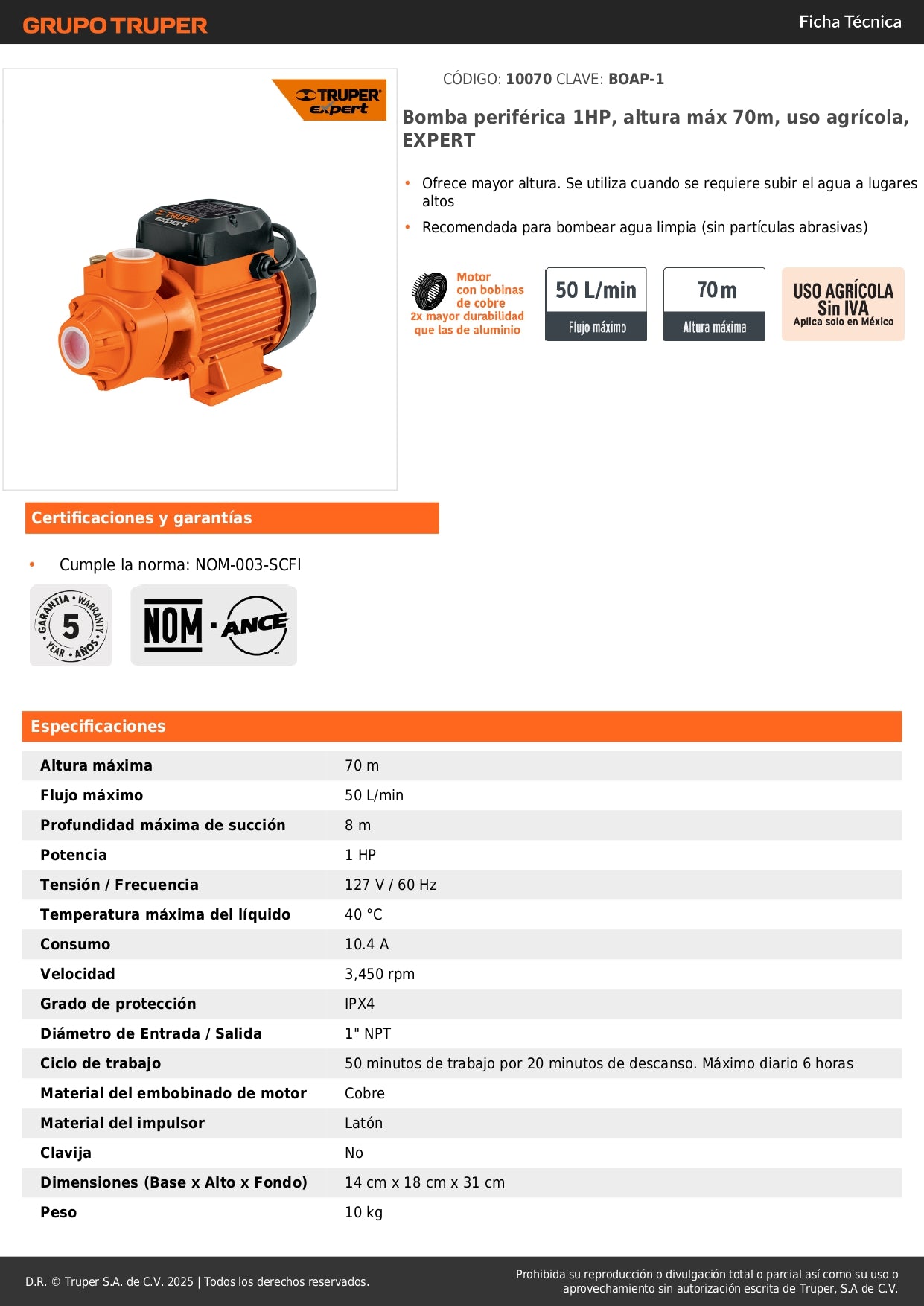 Bomba Periférica 1HP EXPERT BOAP-1 - Altura Máxima 70m para Uso Agrícola - Bombeo de Agua Limpia a Lugares Altos