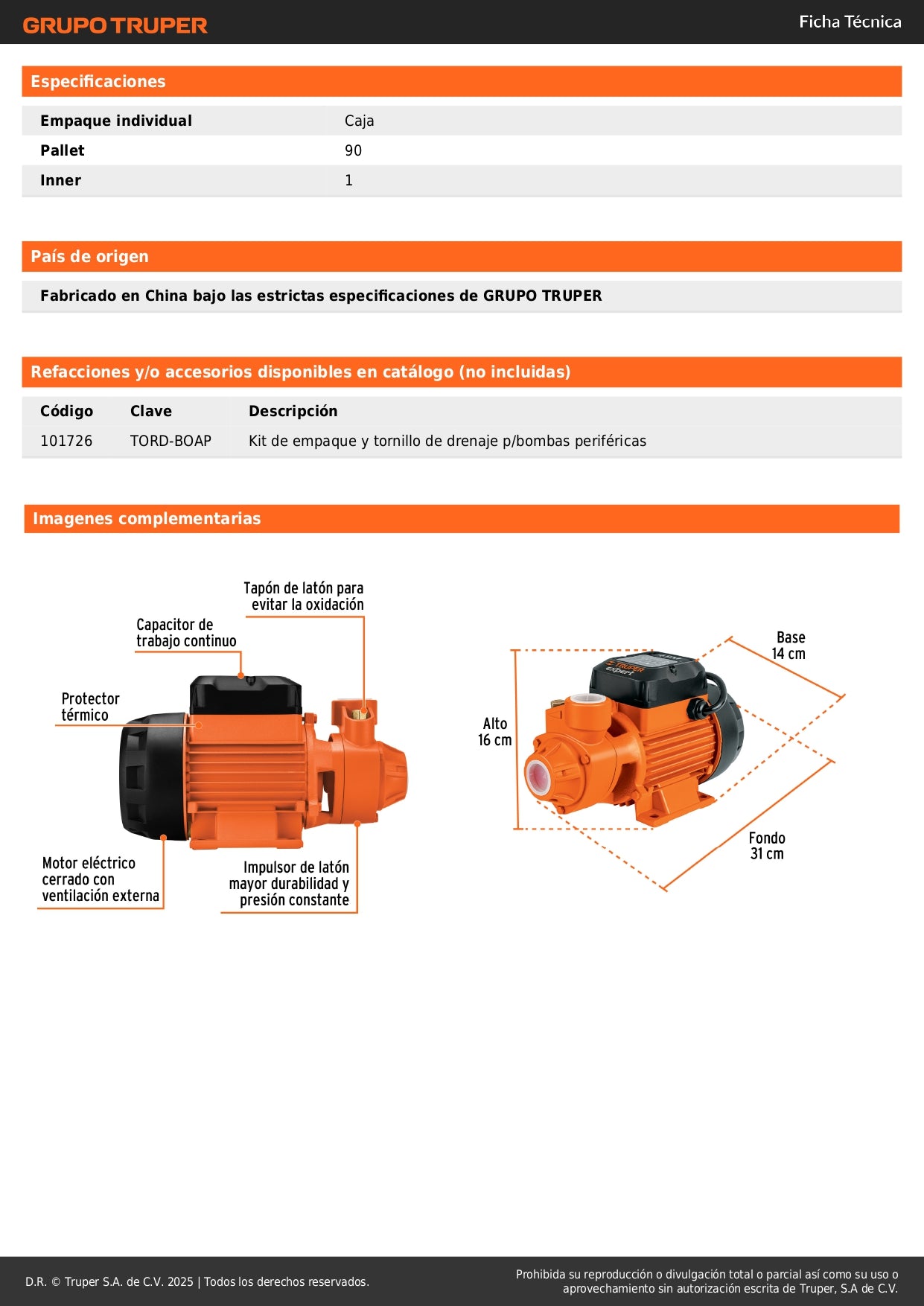 Bomba Periférica 1HP EXPERT BOAP-1 - Altura Máxima 70m para Uso Agrícola - Bombeo de Agua Limpia a Lugares Altos