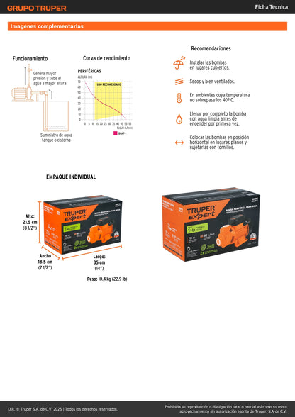 Bomba Periférica 1HP EXPERT BOAP-1 - Altura Máxima 70m para Uso Agrícola - Bombeo de Agua Limpia a Lugares Altos