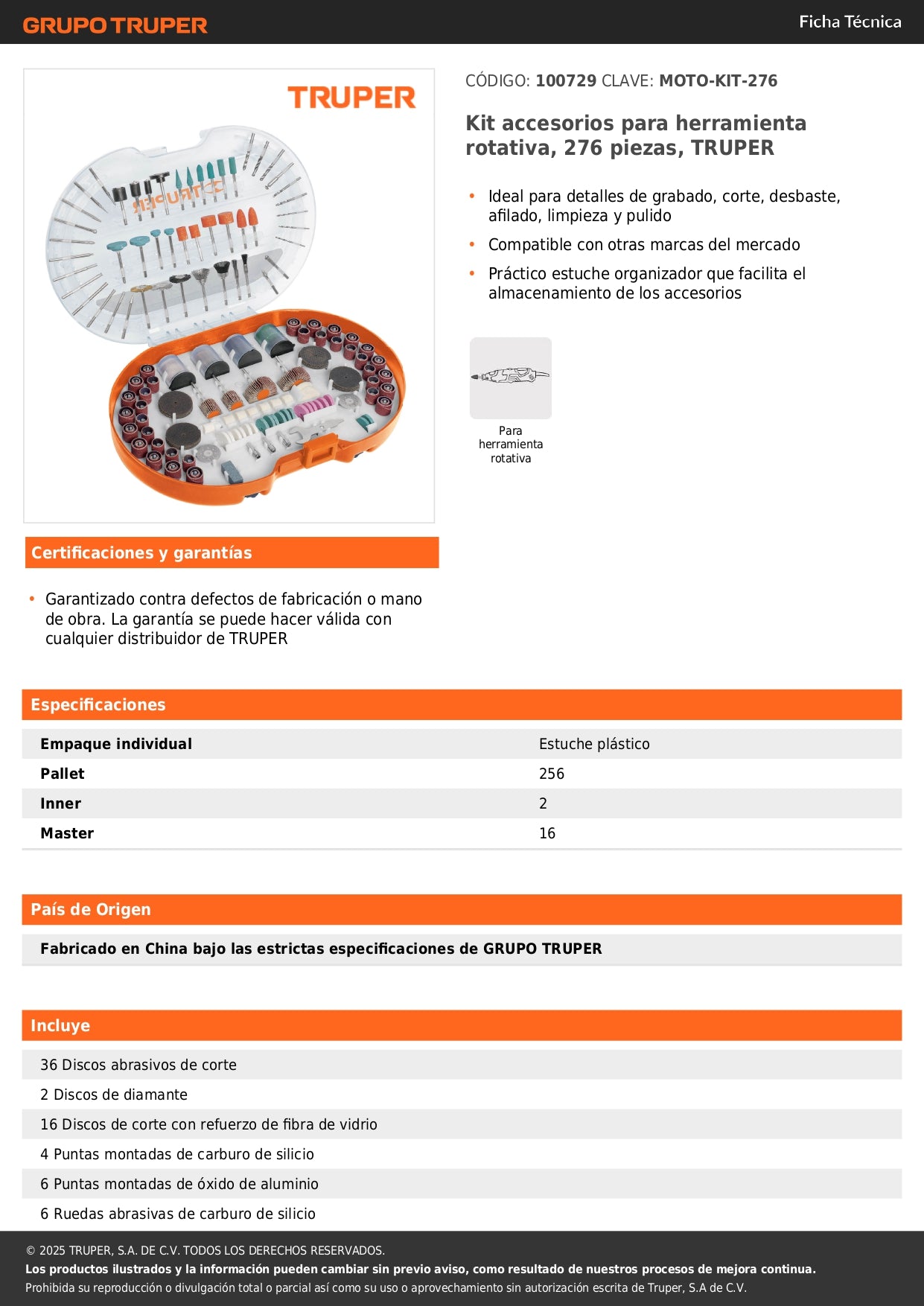 Kit accesorios para herramienta rotativa, 276 piezas, TRUPER