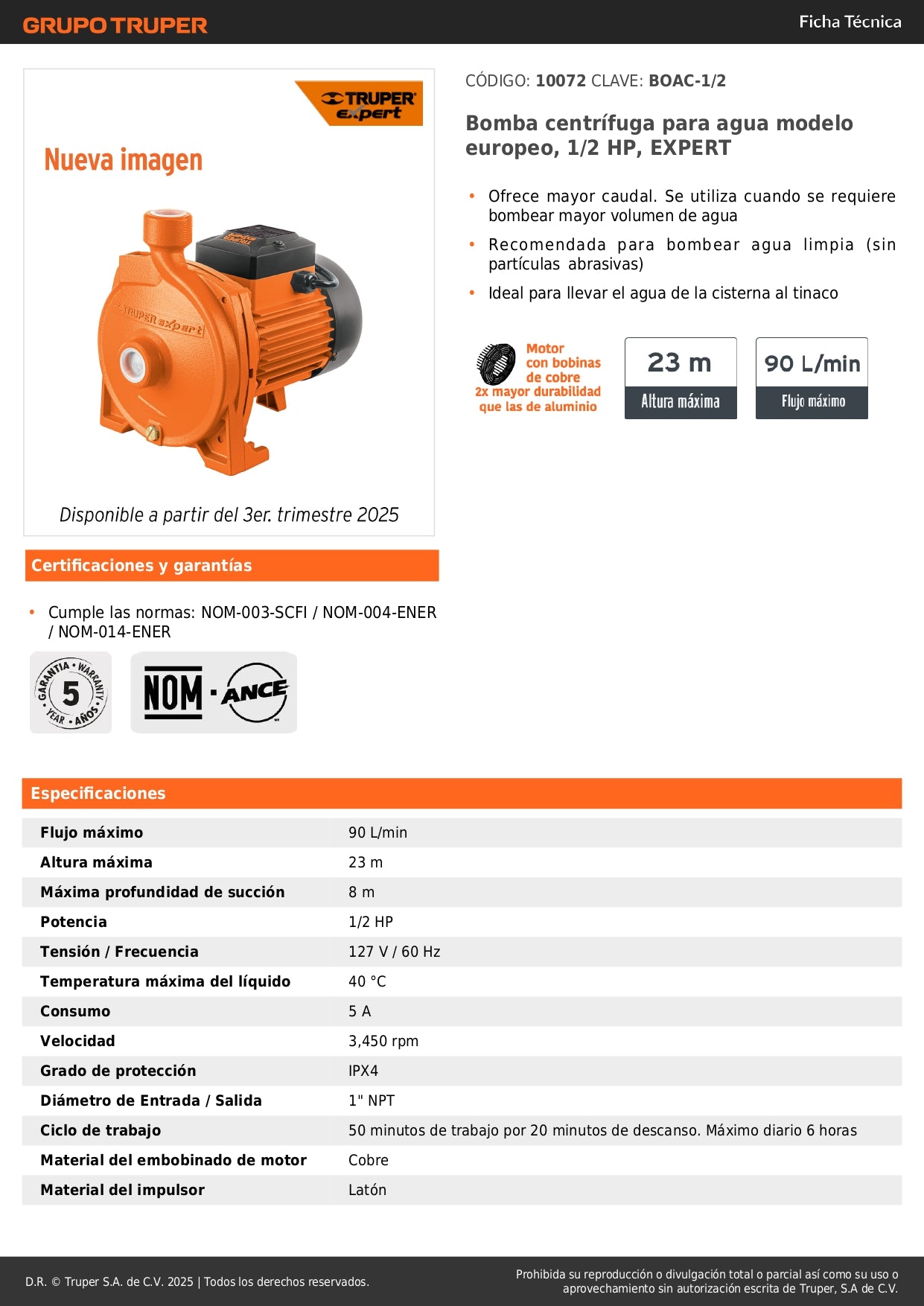 Bomba Centrífuga EXPERT 1/2 HP BOAC-1/2 - Modelo Europeo para Cisterna a Tinaco - Alto Caudal Agua Limpia