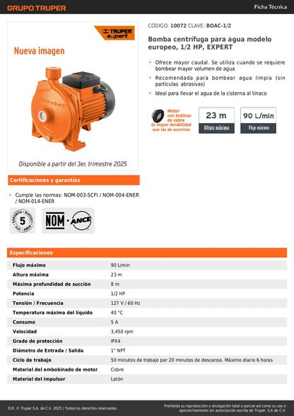 Bomba Centrífuga EXPERT 1/2 HP BOAC-1/2 - Modelo Europeo para Cisterna a Tinaco - Alto Caudal Agua Limpia