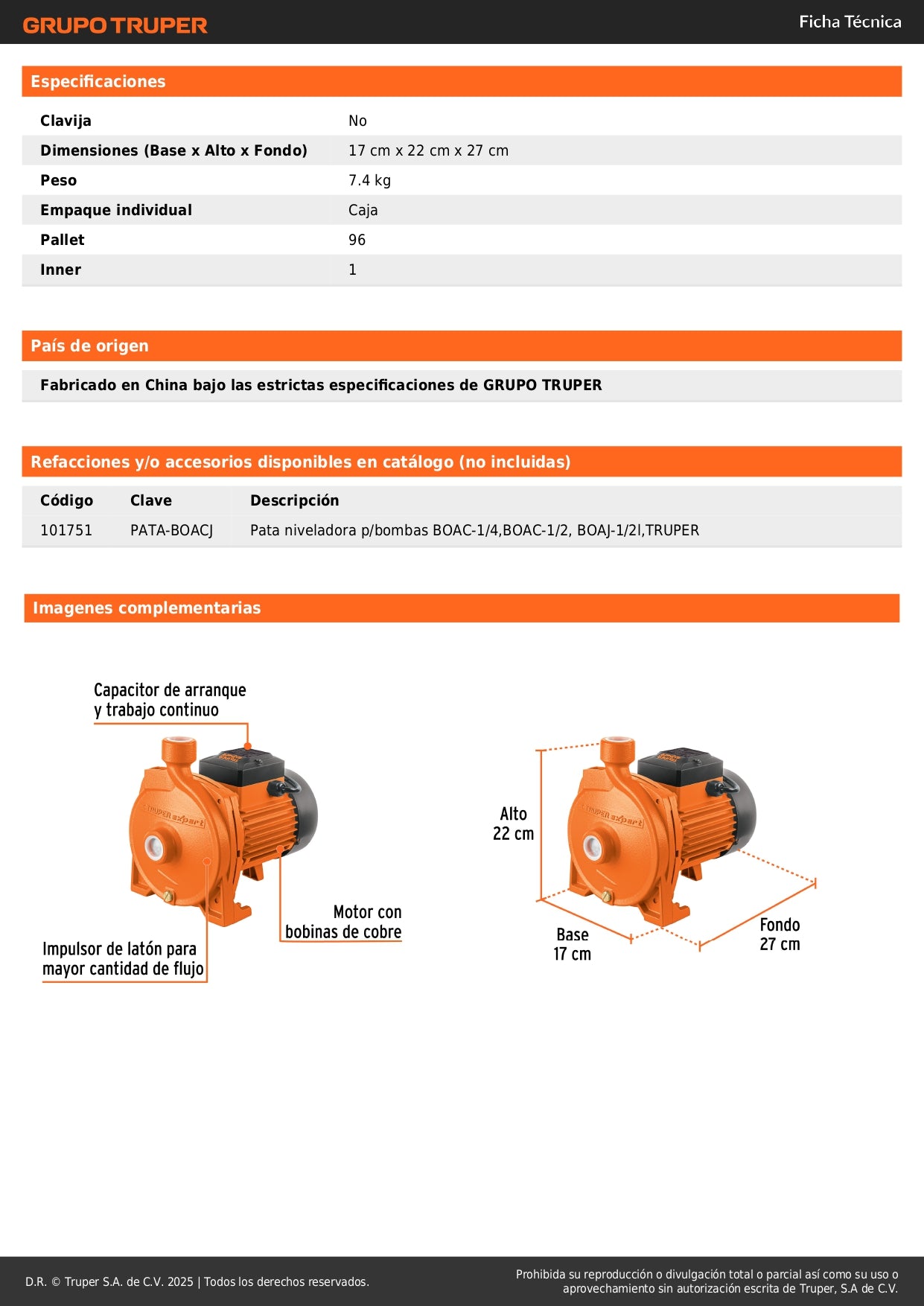 Bomba Centrífuga EXPERT 1/2 HP BOAC-1/2 - Modelo Europeo para Cisterna a Tinaco - Alto Caudal Agua Limpia