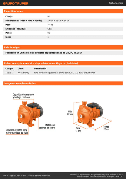 Bomba Centrífuga EXPERT 1/2 HP BOAC-1/2 - Modelo Europeo para Cisterna a Tinaco - Alto Caudal Agua Limpia