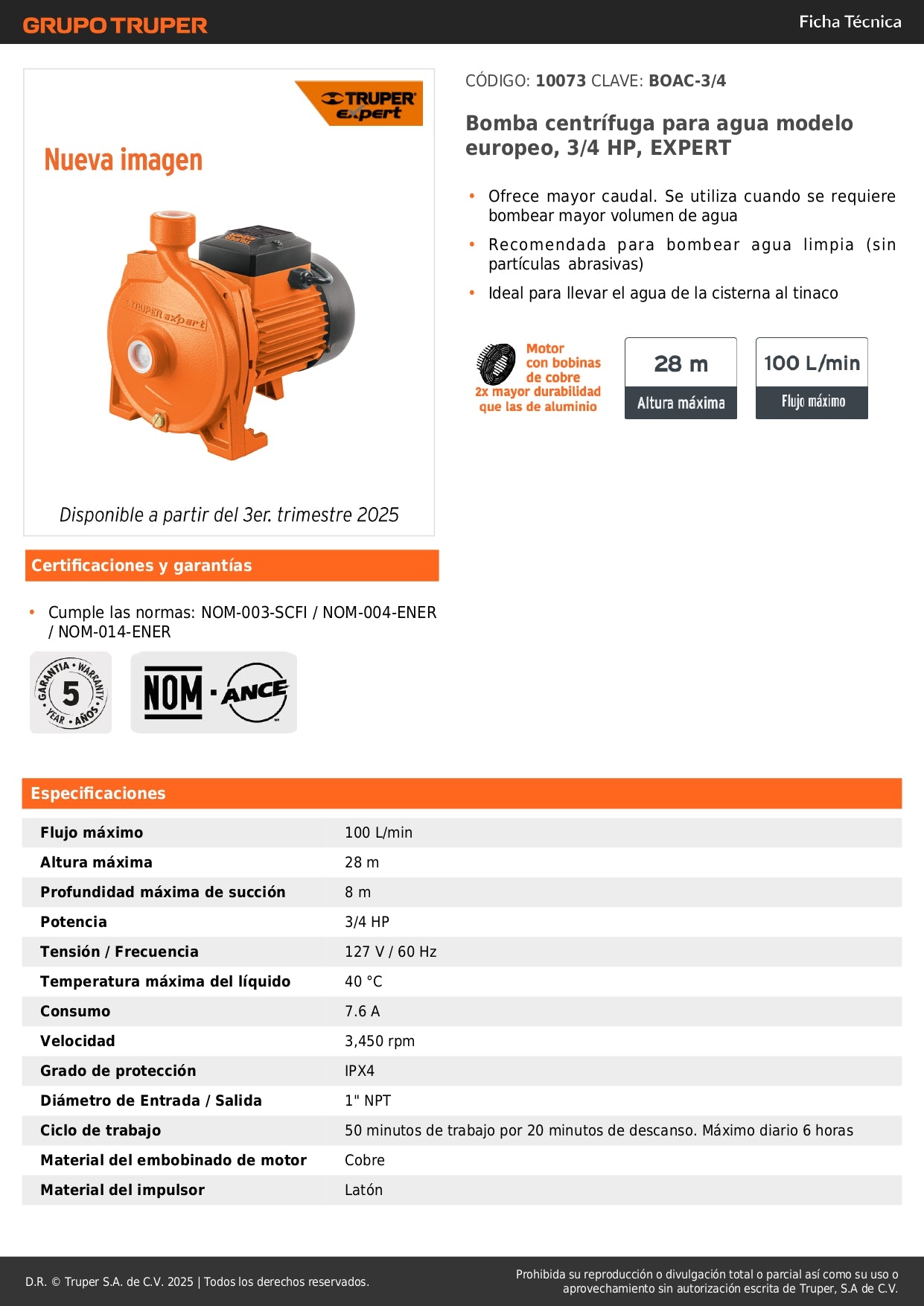 Bomba Centrífuga EXPERT 3/4 HP Alto Caudal - Cisterna a Tinaco Agua Limpia BOAC-3/4