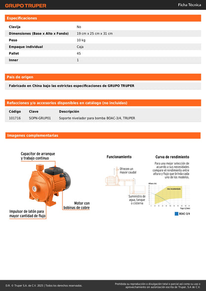 Bomba Centrífuga EXPERT 3/4 HP Alto Caudal - Cisterna a Tinaco Agua Limpia BOAC-3/4