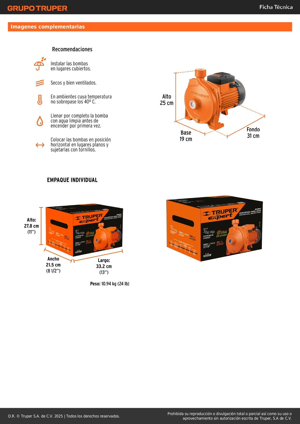 Bomba Centrífuga EXPERT 3/4 HP Alto Caudal - Cisterna a Tinaco Agua Limpia BOAC-3/4