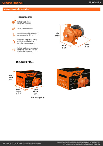 Bomba Centrífuga EXPERT 3/4 HP Alto Caudal - Cisterna a Tinaco Agua Limpia BOAC-3/4
