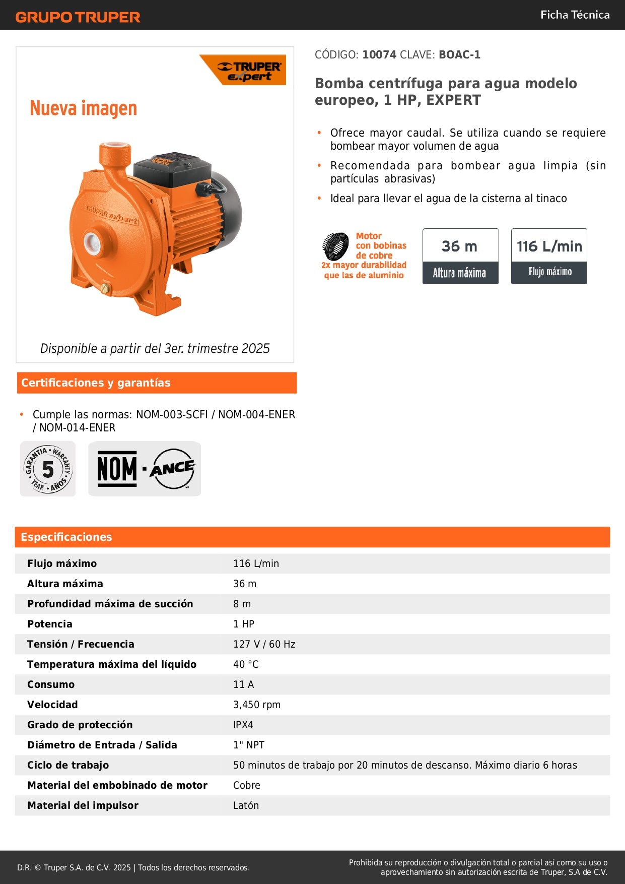 Bomba Centrífuga 1 HP EXPERT BOAC-1 - Alto Caudal para Cisterna a Tinaco - Agua Limpia Modelo Europeo