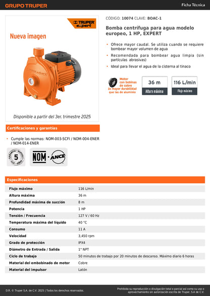 Bomba Centrífuga 1 HP EXPERT BOAC-1 - Alto Caudal para Cisterna a Tinaco - Agua Limpia Modelo Europeo