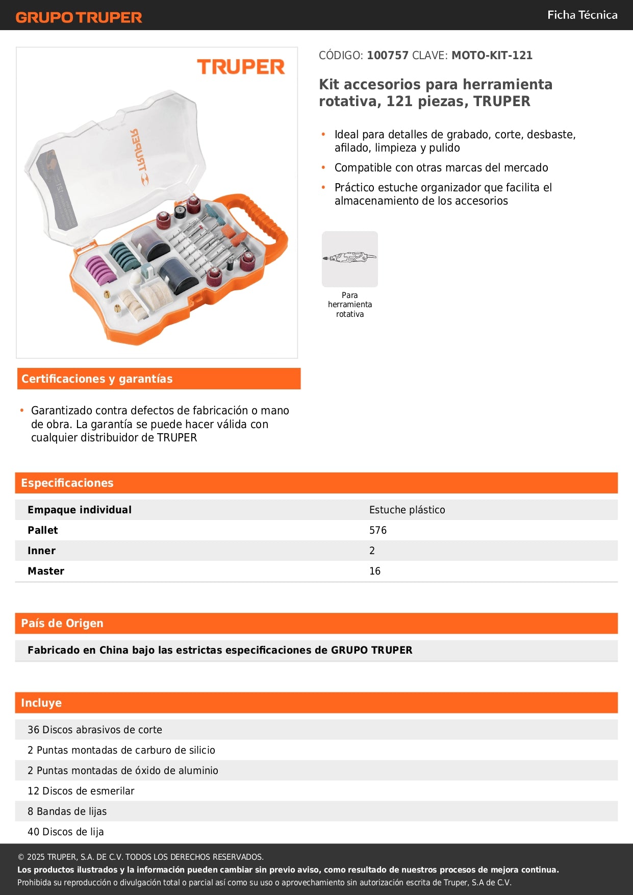 Kit accesorios para herramienta rotativa, 121 piezas, TRUPER