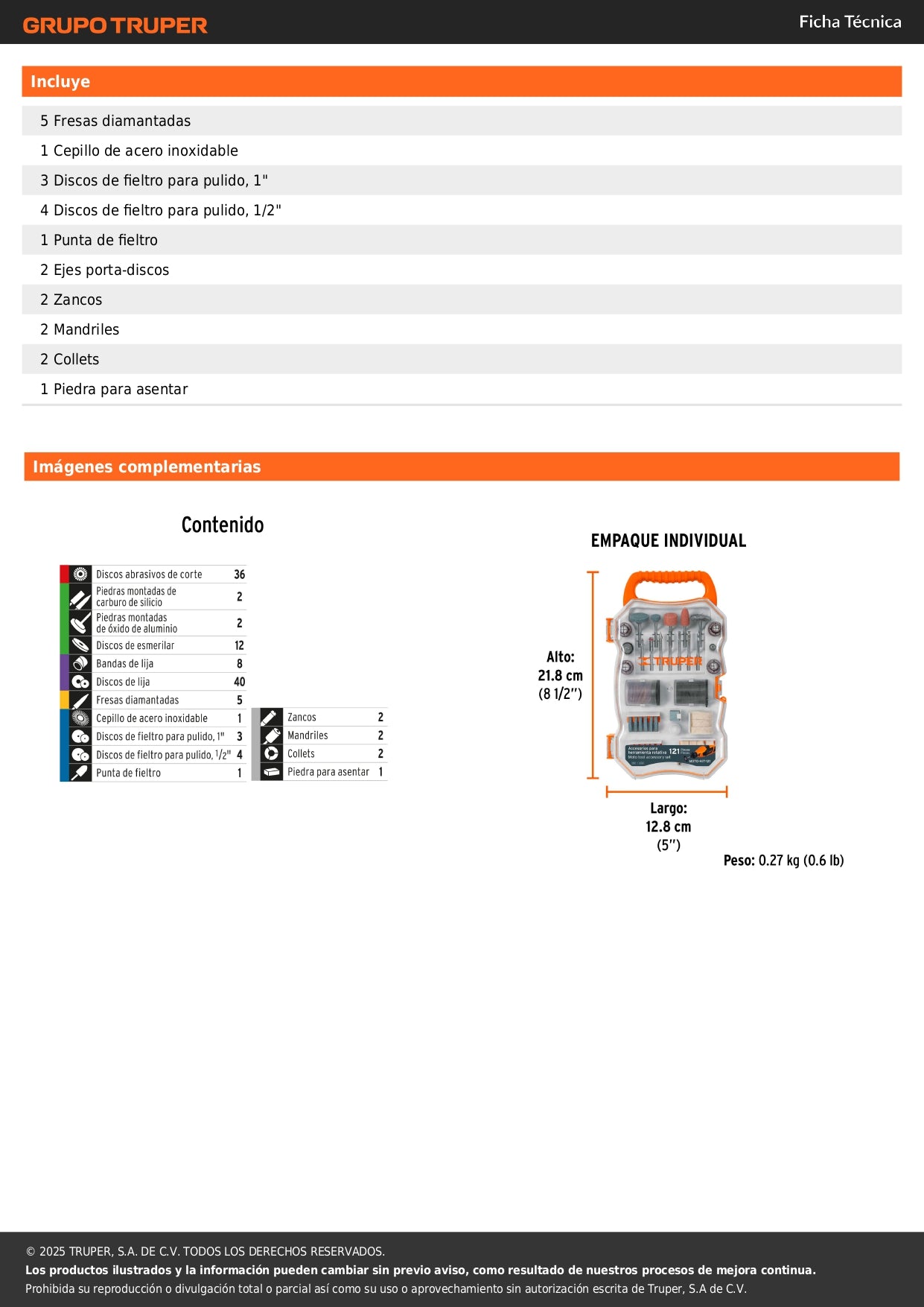 Kit accesorios para herramienta rotativa, 121 piezas, TRUPER