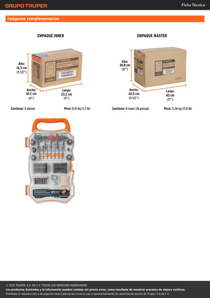 Kit accesorios para herramienta rotativa, 121 piezas, TRUPER