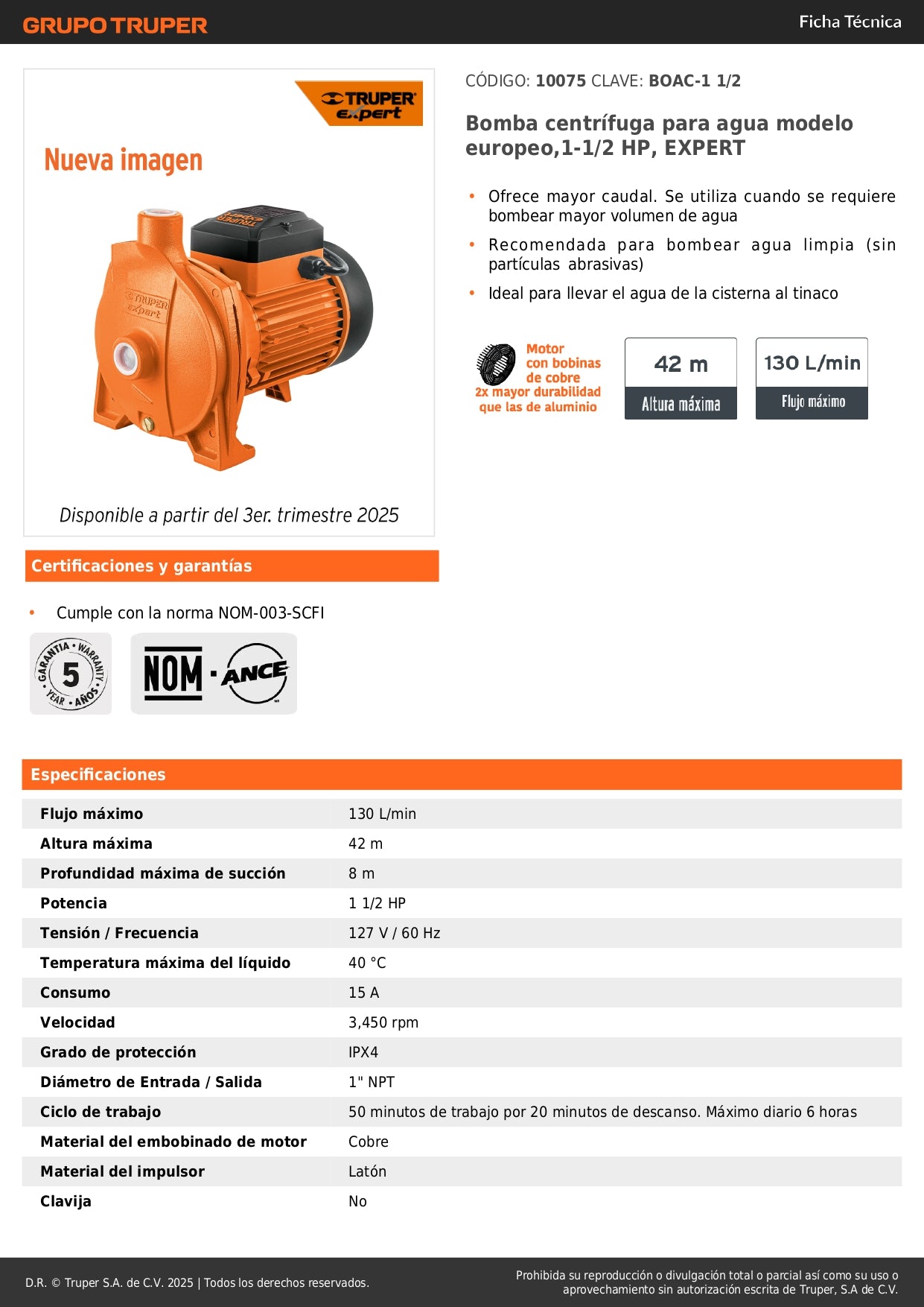 Bomba Centrífuga EXPERT 1.5 HP BOAC-1 1/2 - Traslado Agua Cisterna a Tinaco - Mayor Caudal Agua Limpia