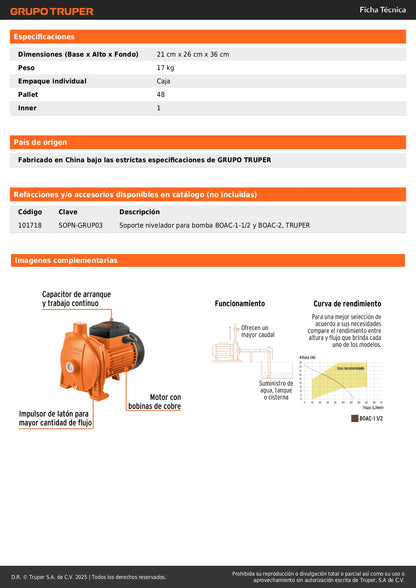 Bomba Centrífuga EXPERT 1.5 HP BOAC-1 1/2 - Traslado Agua Cisterna a Tinaco - Mayor Caudal Agua Limpia