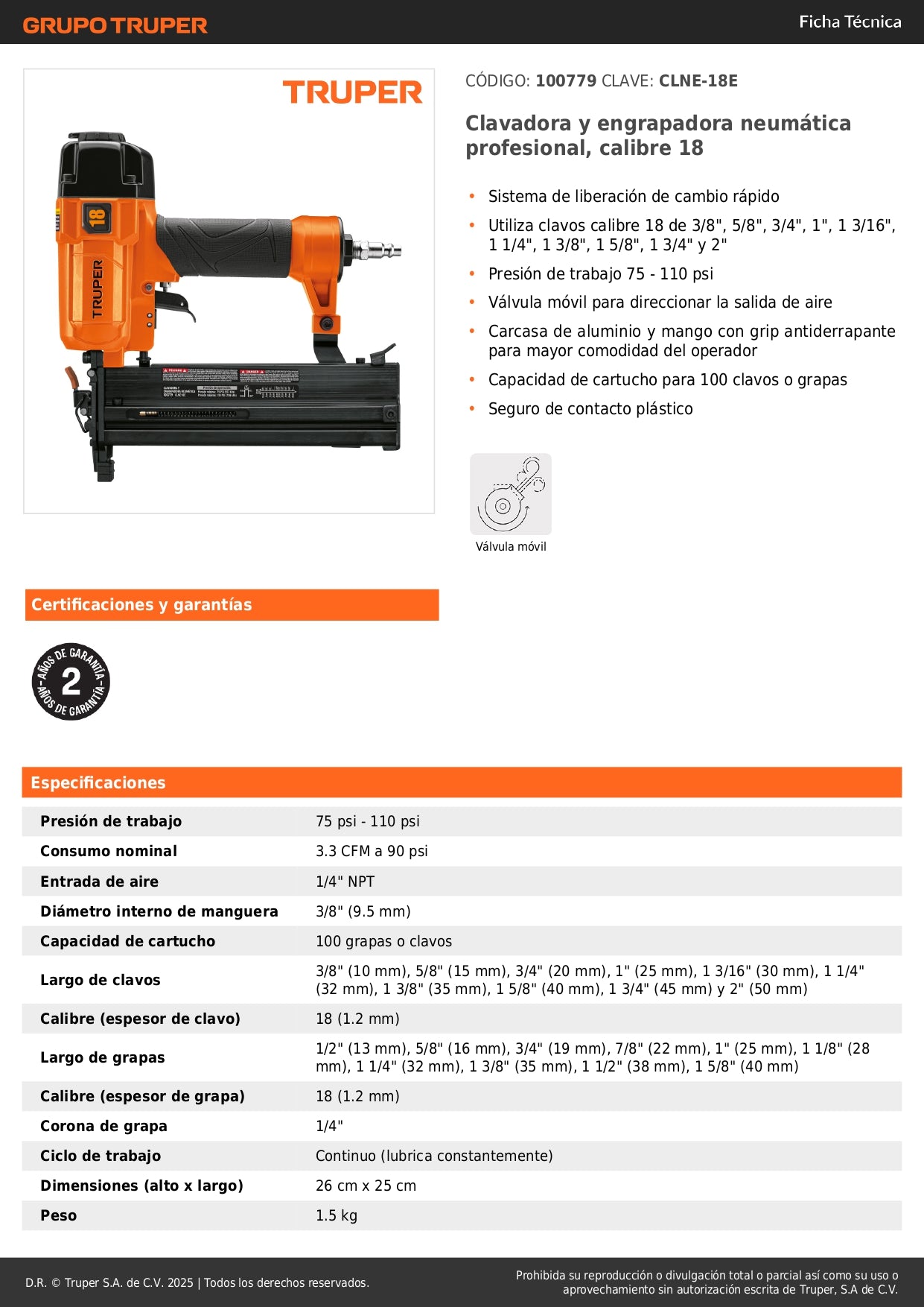 Clavadora Neumática Profesional Calibre 18 CLNE-18E - Solución Completa para Carpintería y Construcción con Sistema de Cambio Rápido