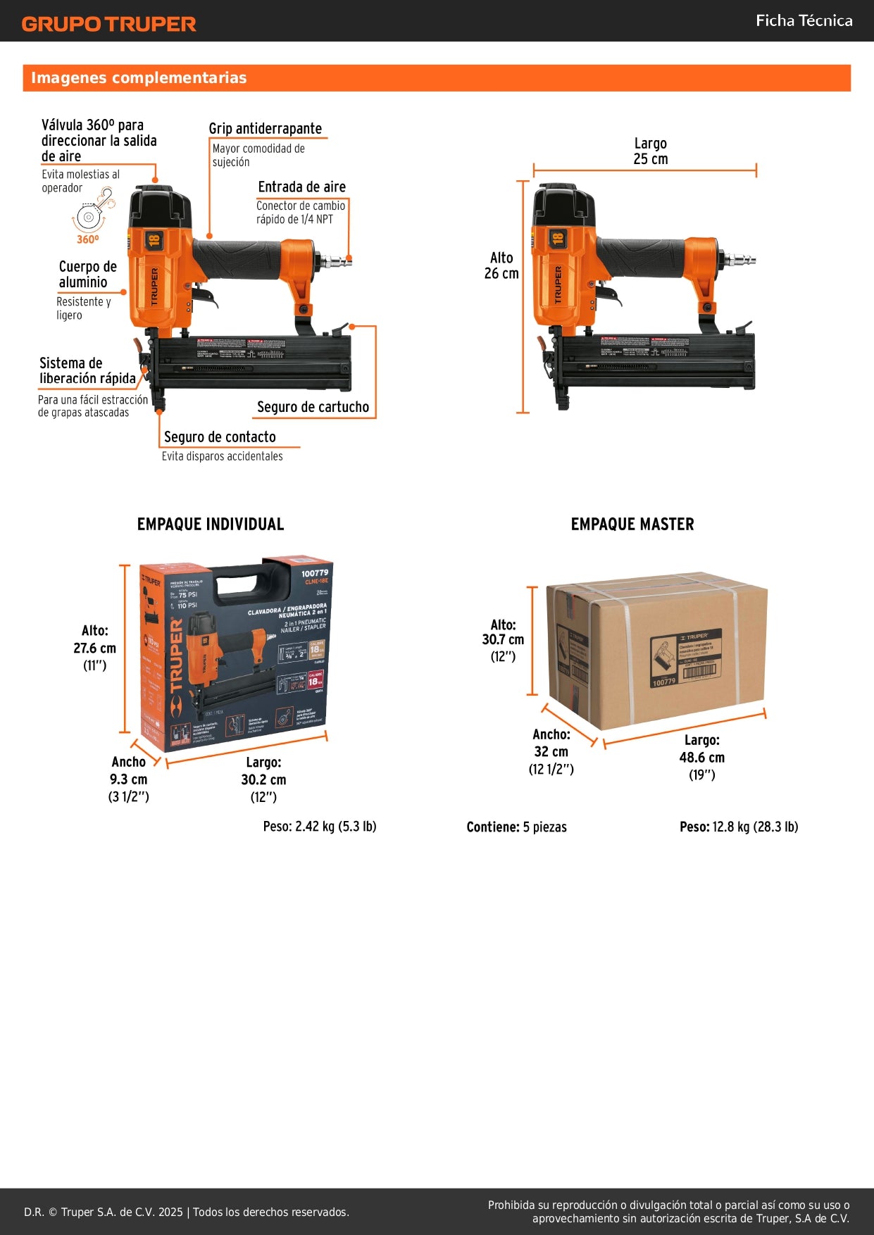 Clavadora Neumática Profesional Calibre 18 CLNE-18E - Solución Completa para Carpintería y Construcción con Sistema de Cambio Rápido