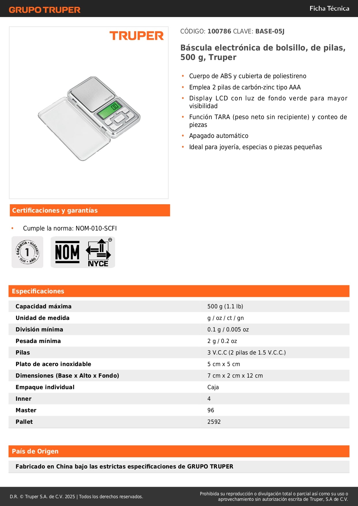 Báscula Electrónica Digital de Precisión Truper 500g - Portátil con Display LCD y Función TARA para Joyería, Especias y Piezas Pequeñas - Solución Profesional para Pesaje Exacto