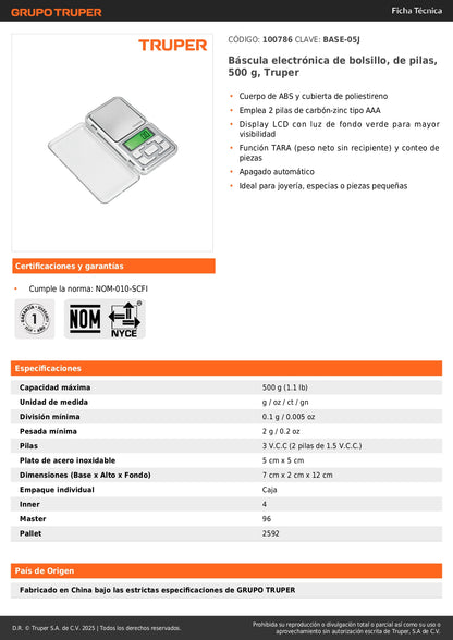 Báscula Electrónica Digital de Precisión Truper 500g - Portátil con Display LCD y Función TARA para Joyería, Especias y Piezas Pequeñas - Solución Profesional para Pesaje Exacto