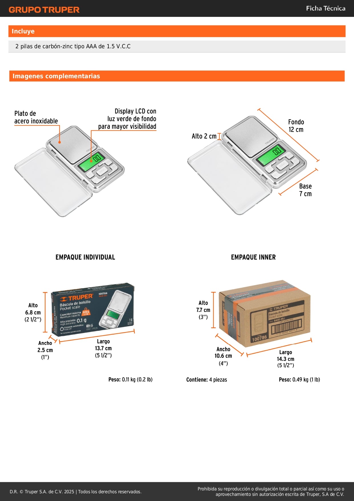 Báscula Electrónica Digital de Precisión Truper 500g - Portátil con Display LCD y Función TARA para Joyería, Especias y Piezas Pequeñas - Solución Profesional para Pesaje Exacto
