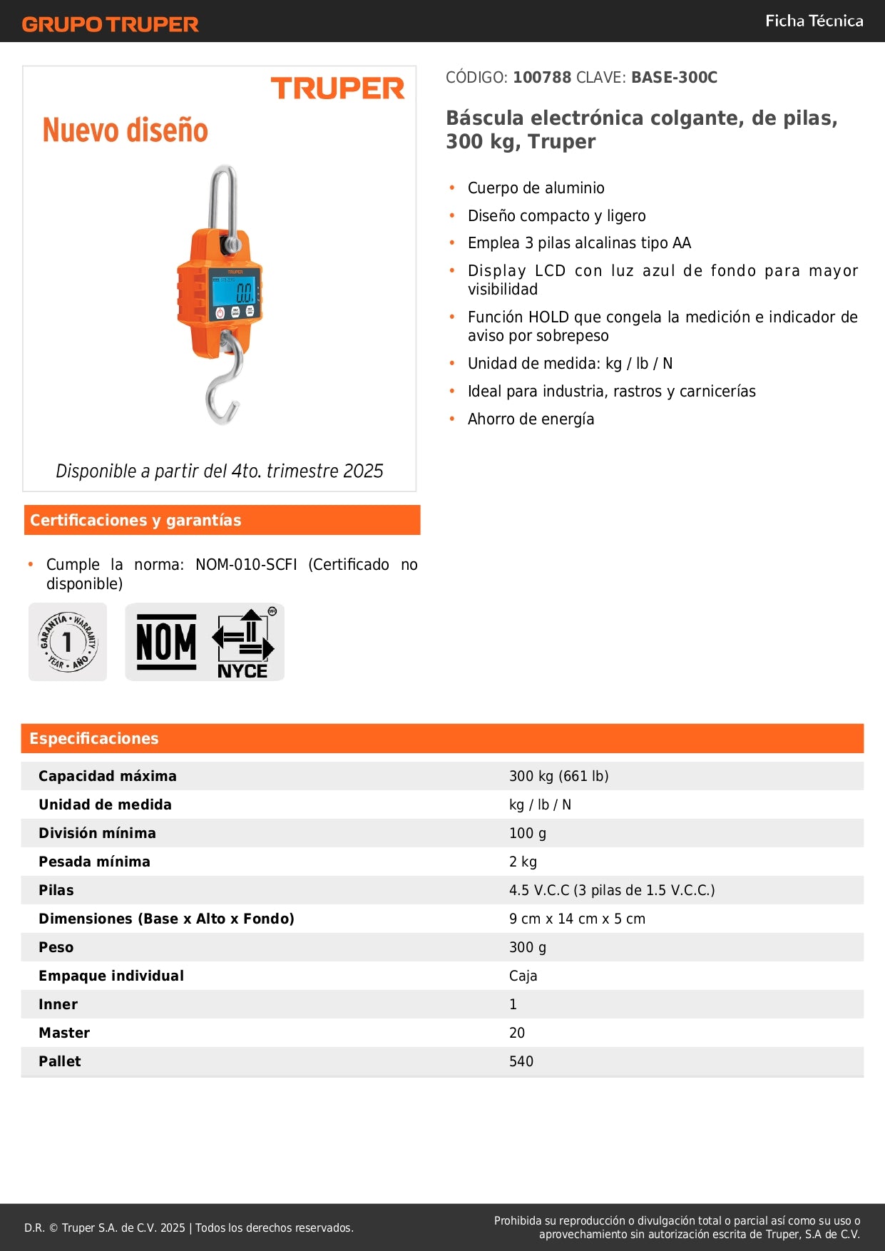 Báscula Electrónica Colgante Truper BASE-300C 300kg - Solución Profesional de Pesaje Industrial para Carnicerías y Rastros con Display LCD y Función HOLD