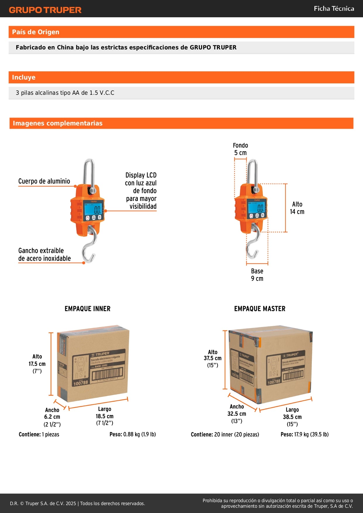 Báscula Electrónica Colgante Truper BASE-300C 300kg - Solución Profesional de Pesaje Industrial para Carnicerías y Rastros con Display LCD y Función HOLD