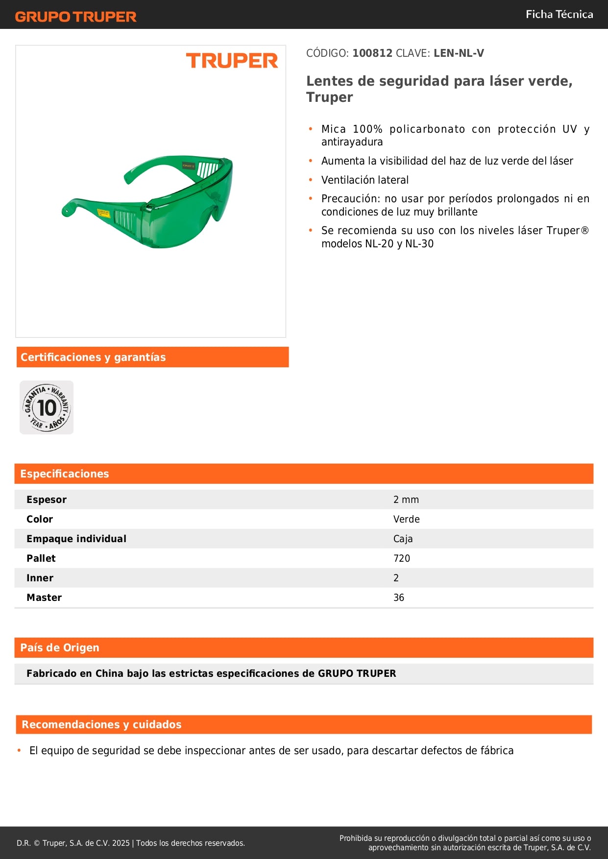 Lentes de Seguridad Láser Verde Truper LEN-NL-V - Protección UV Policarbonato para Niveles Láser NL-20 NL-30