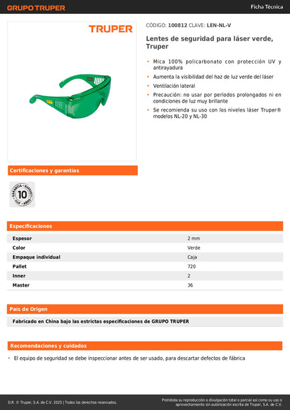 Lentes de Seguridad Láser Verde Truper LEN-NL-V - Protección UV Policarbonato para Niveles Láser NL-20 NL-30