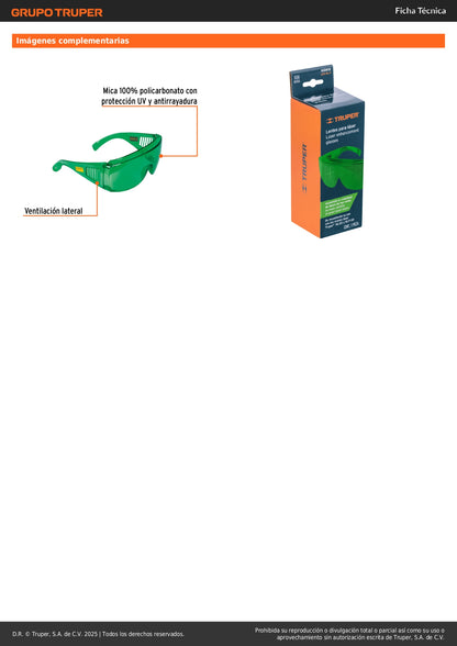 Lentes de Seguridad Láser Verde Truper LEN-NL-V - Protección UV Policarbonato para Niveles Láser NL-20 NL-30